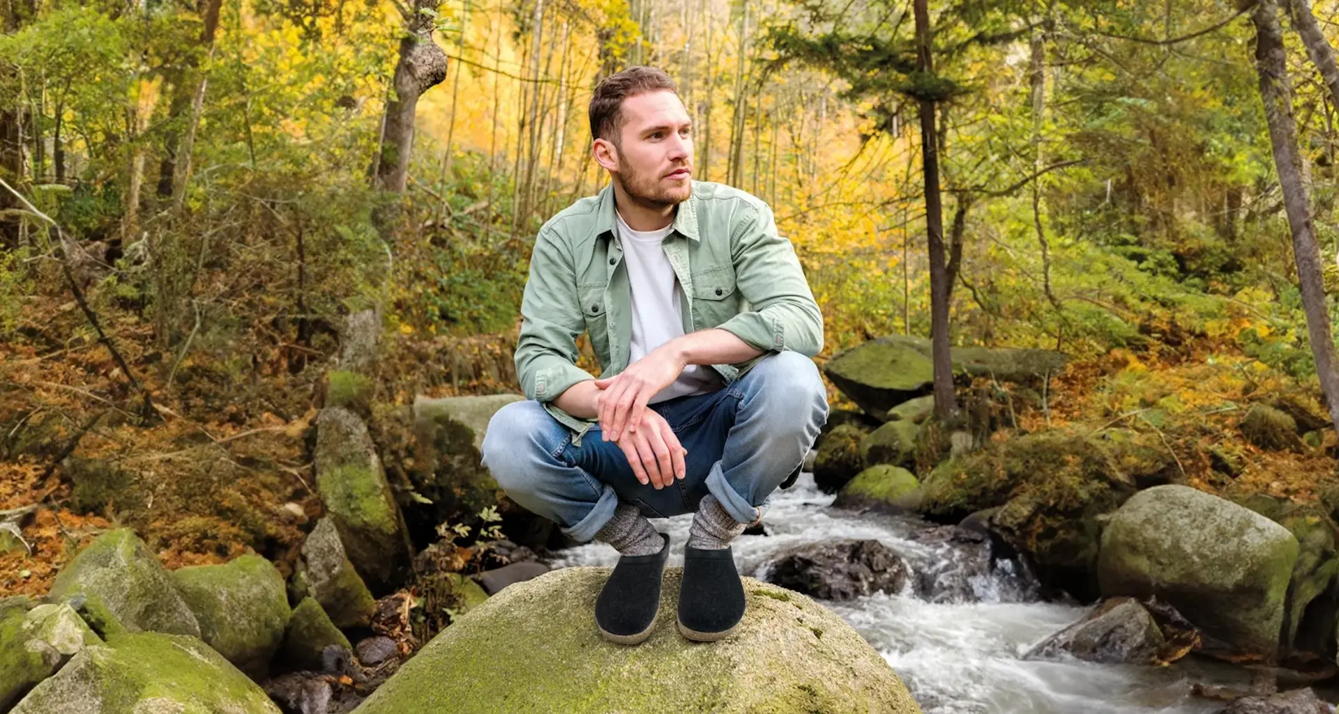 A man wearing Shoegarden slippers beside a woodland stream.